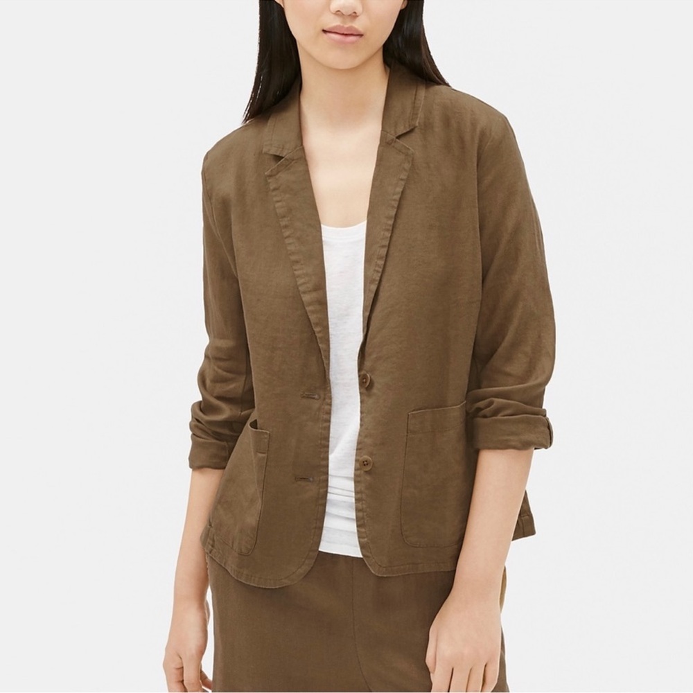 Eileen Fisher Women’s 100% Raw Organic Linen Blazer Olive Pine Needle Size M